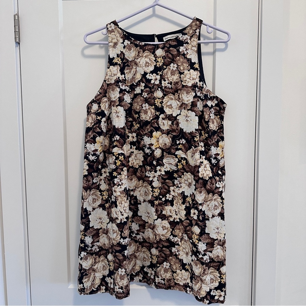 Abercrombie & Fitch High Neck Linen Blend Mini Dress in a Brown Floral Pattern